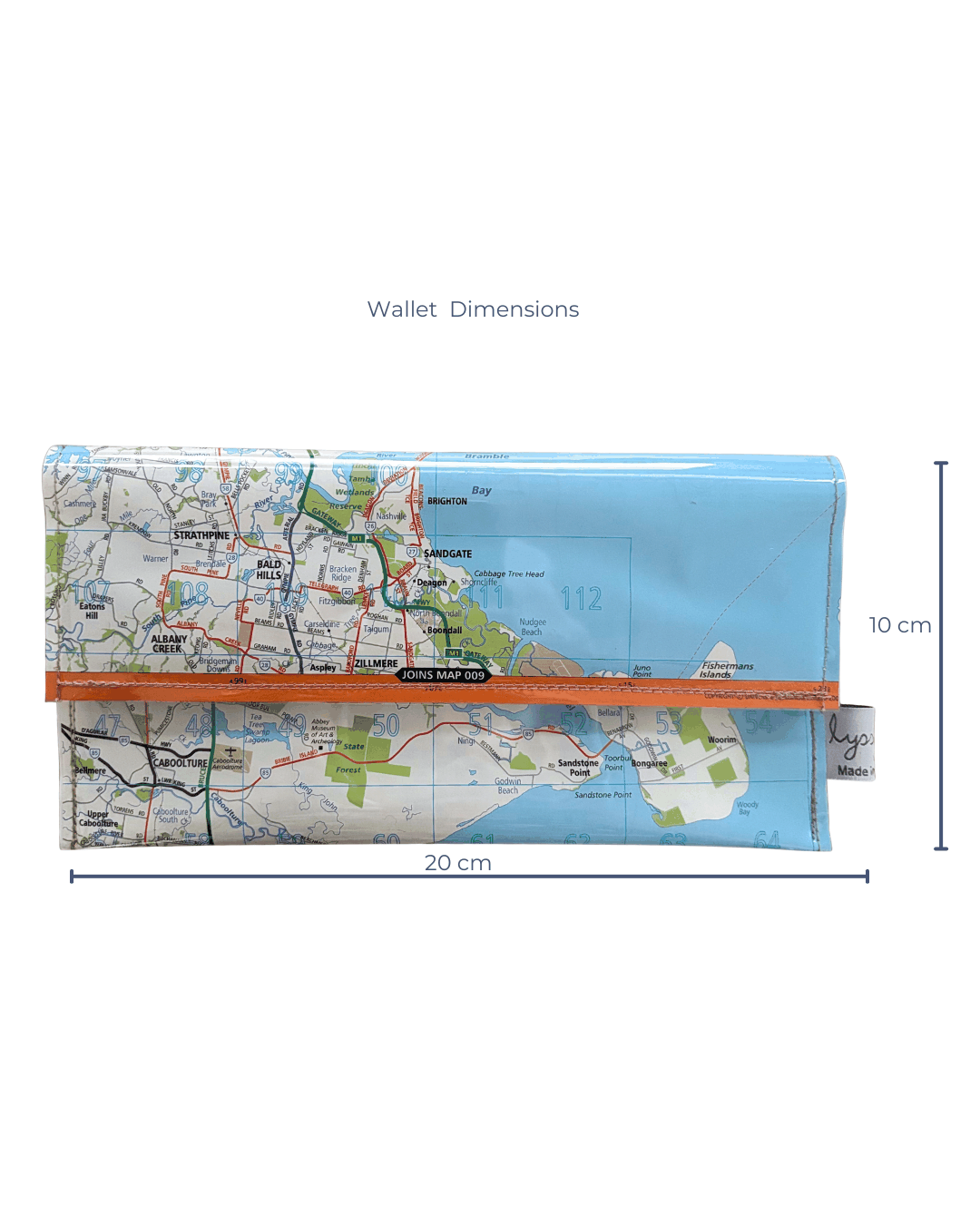 Recycled street map wallet featuring Moreton Bay suburbs from original Brisbane UBD map pages, clear PVC covered and stitched, magnetic closure. Dimensions 20 cm by 10 cm