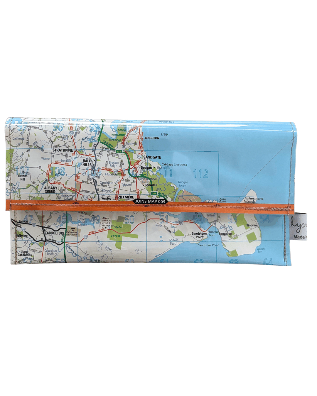 Recycled street map wallet featuring Moreton Bay suburbs from original Brisbane UBD map pages, clear PVC covered and stitched, magnetic closure. Front view.