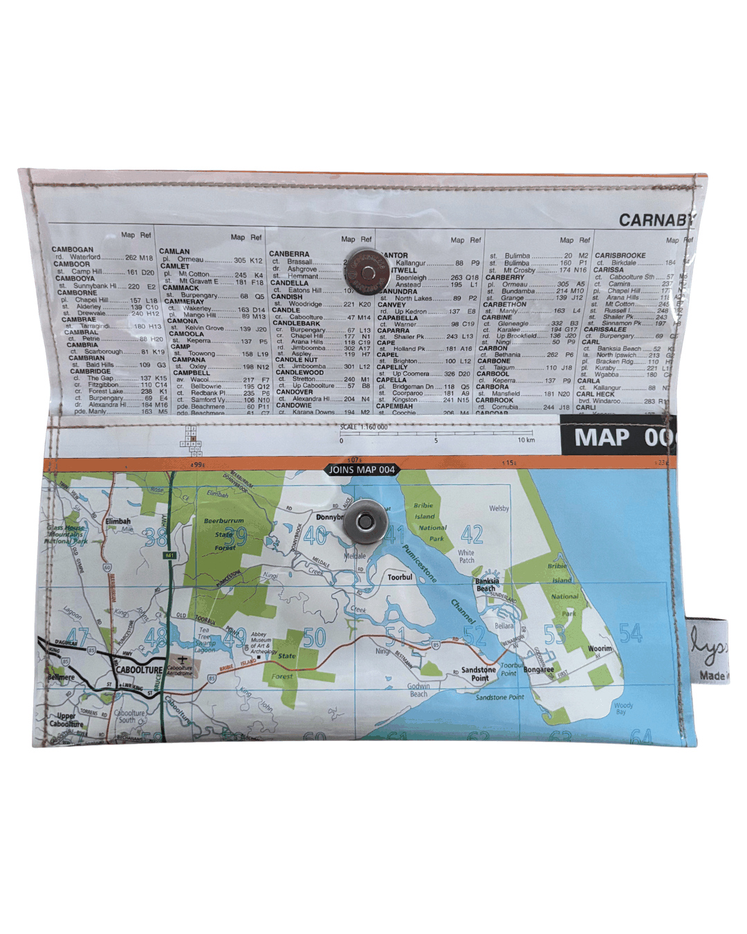 Recycled street map wallet featuring Moreton Bay suburbs from original Brisbane UBD map pages, clear PVC covered and stitched, magnetic closure. Inside view with index page lining.