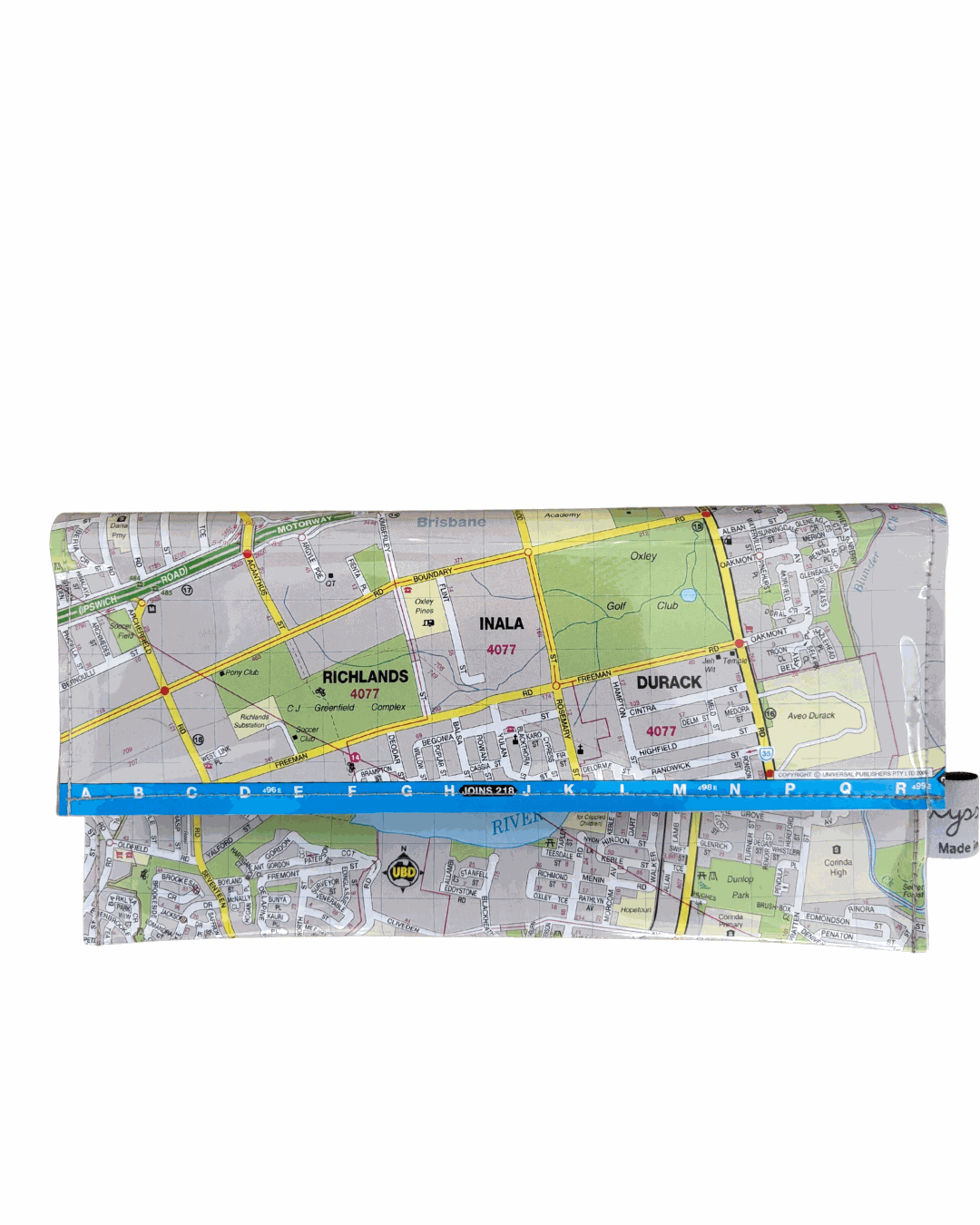 Recycled Street Map Wallet made from Brisbane UBD street directory featuring Oxley, Inala, Durack, and nearby suburbs, with magnetic closure.