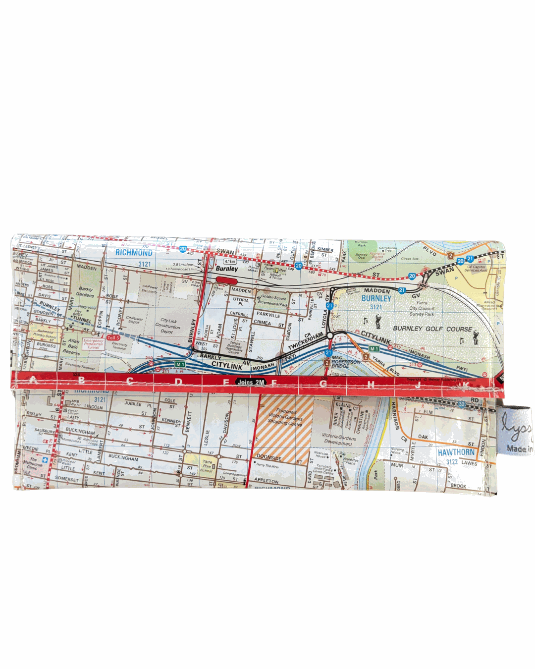 Recycled street map wallet made from 2000 Melways map of Richmond, Abbotsford, Hawthorn with clear PVC and magnetic clip closure