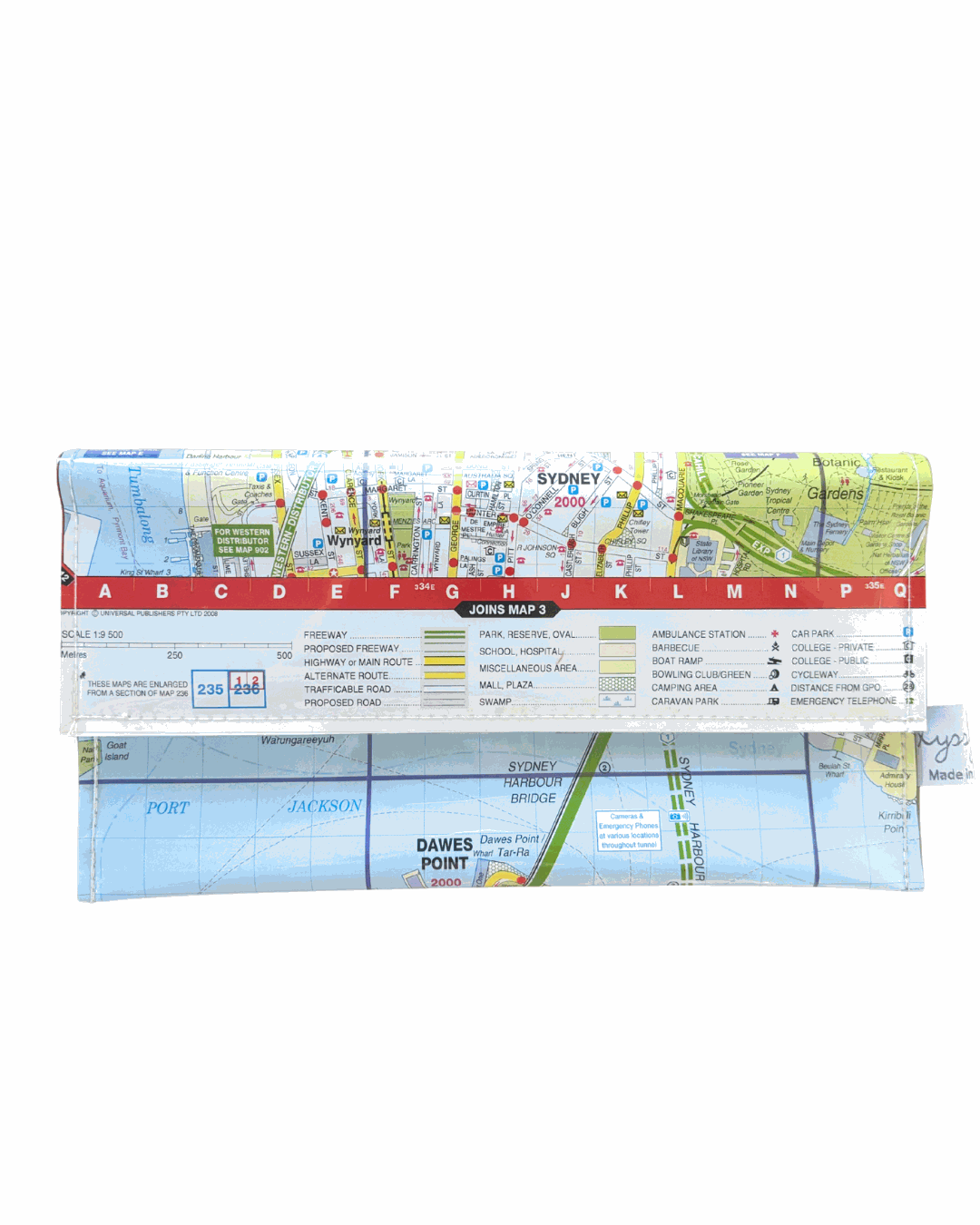 Recycled street map wallet featuring Sydney Harbour Bridge and Opera House design, handmade in Australia