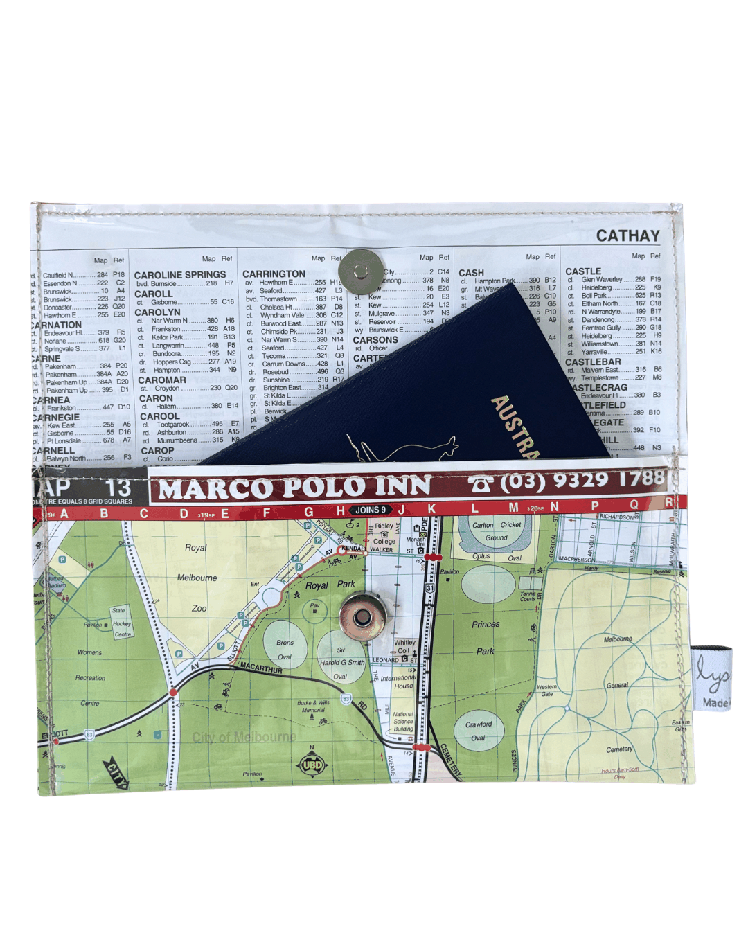 Recycled Street Map Wallet featuring Carlton, Parkville, North Melbourne streets and Melbourne landmarks