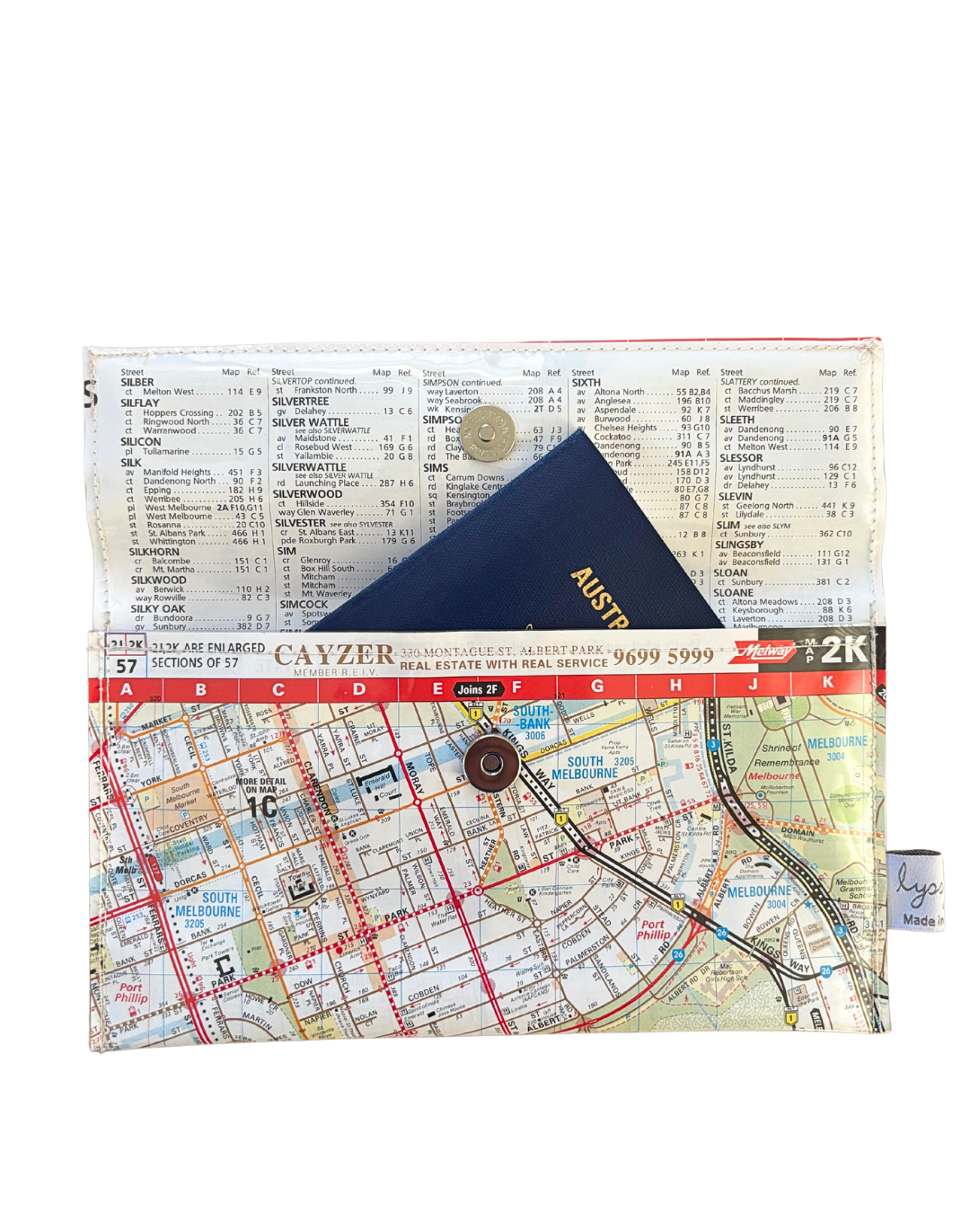Recycled Street Map Wallet - Lyssy May Handmade Wallet recycled map of Albert Park, Middle Park, South Melbourne