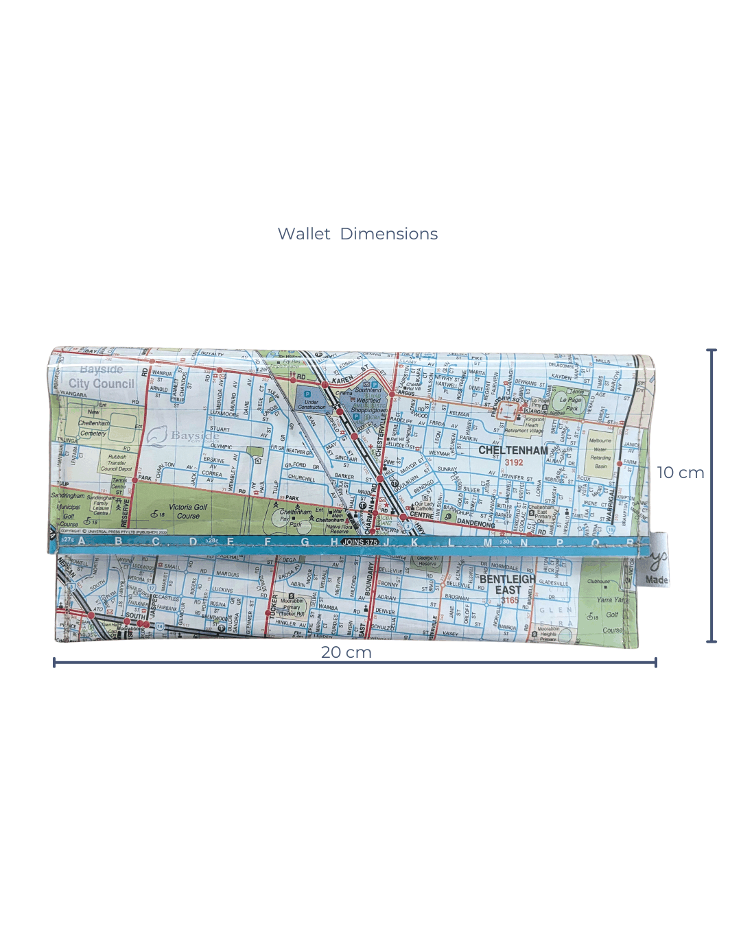 Recycled Map Wallet by LyssyMay Melbourne suburbs including Bentleigh. Front view of wallet with dimensions of 20 cm by 10 cm.