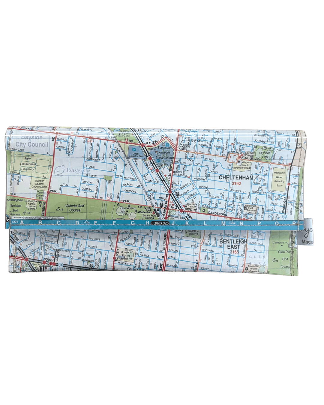 Recycled Map Wallet by LyssyMay Melbourne suburbs including Bentleigh. Front view of wallet which folds over.
