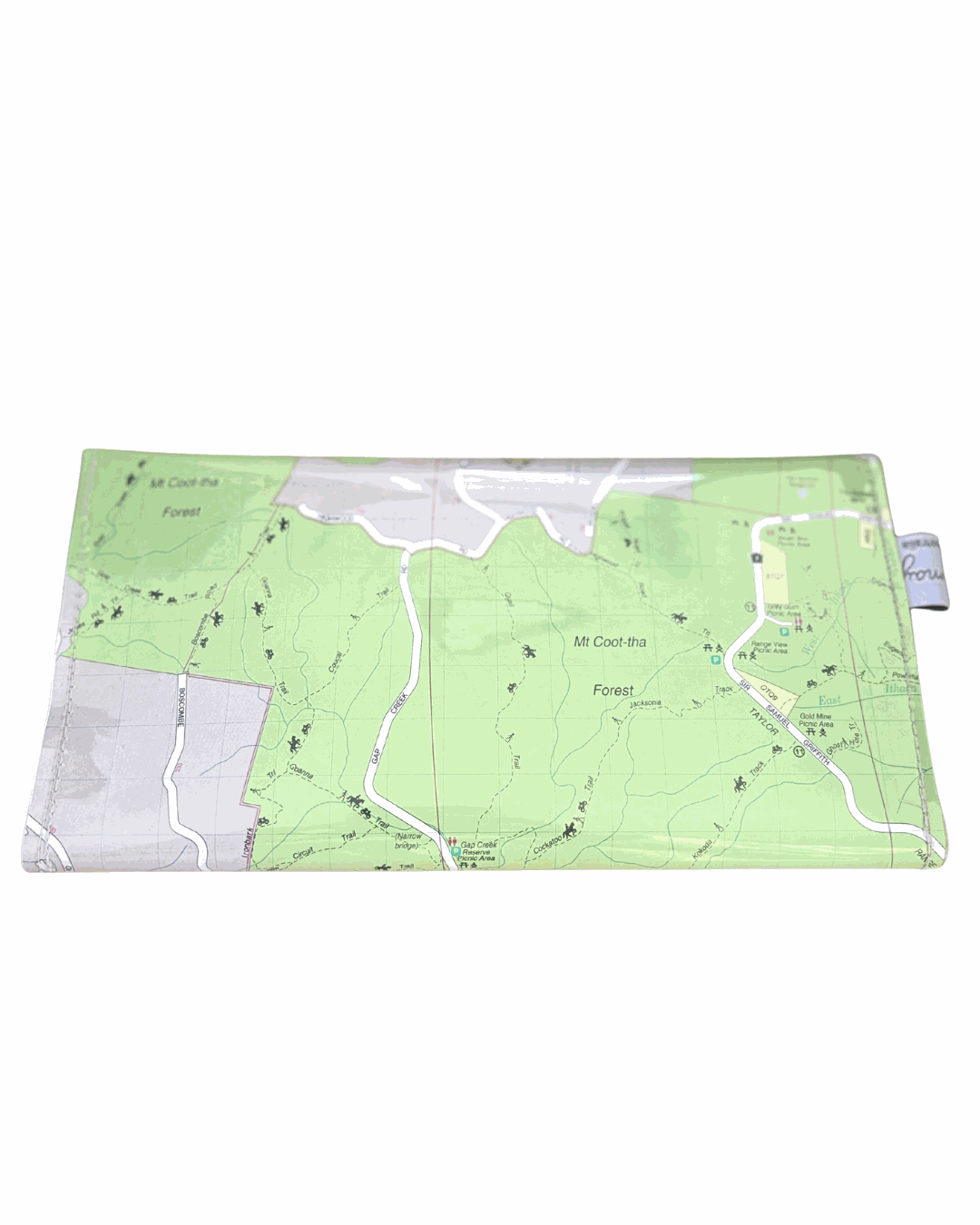 Recycled street map wallet featuring Mt Coot-tha and Brisbane suburbs design, made from vintage UBD directory pages. back view of wallet.