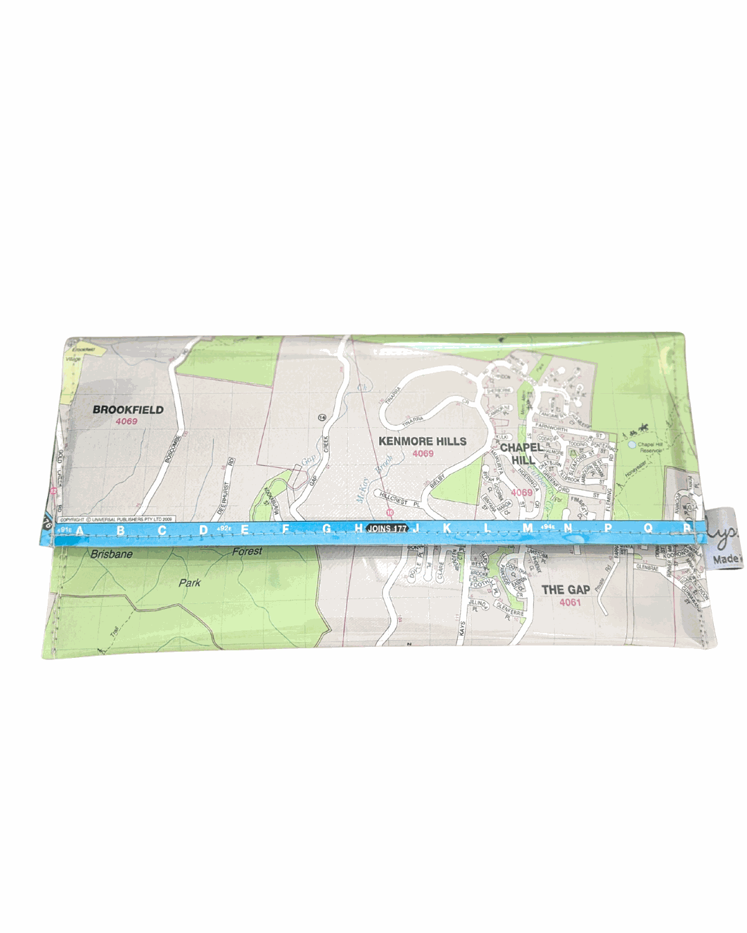 Recycled street map wallet featuring Mt Coot-tha and Brisbane suburbs design, made from vintage UBD directory pages