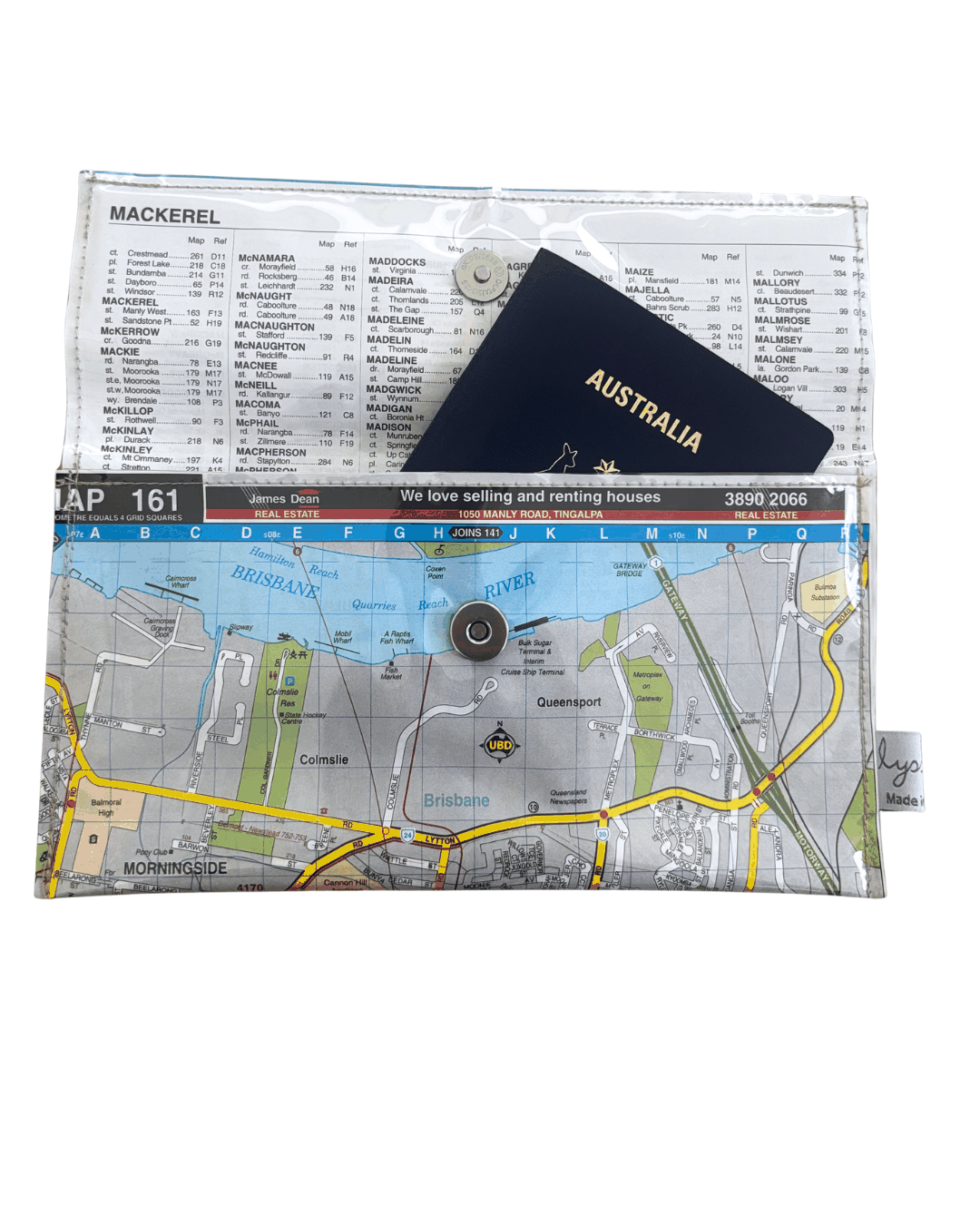 Recycled street map wallet made from Brisbane UBD map featuring Cannon Hill, Carina, Morningside, and Colmslie suburbs