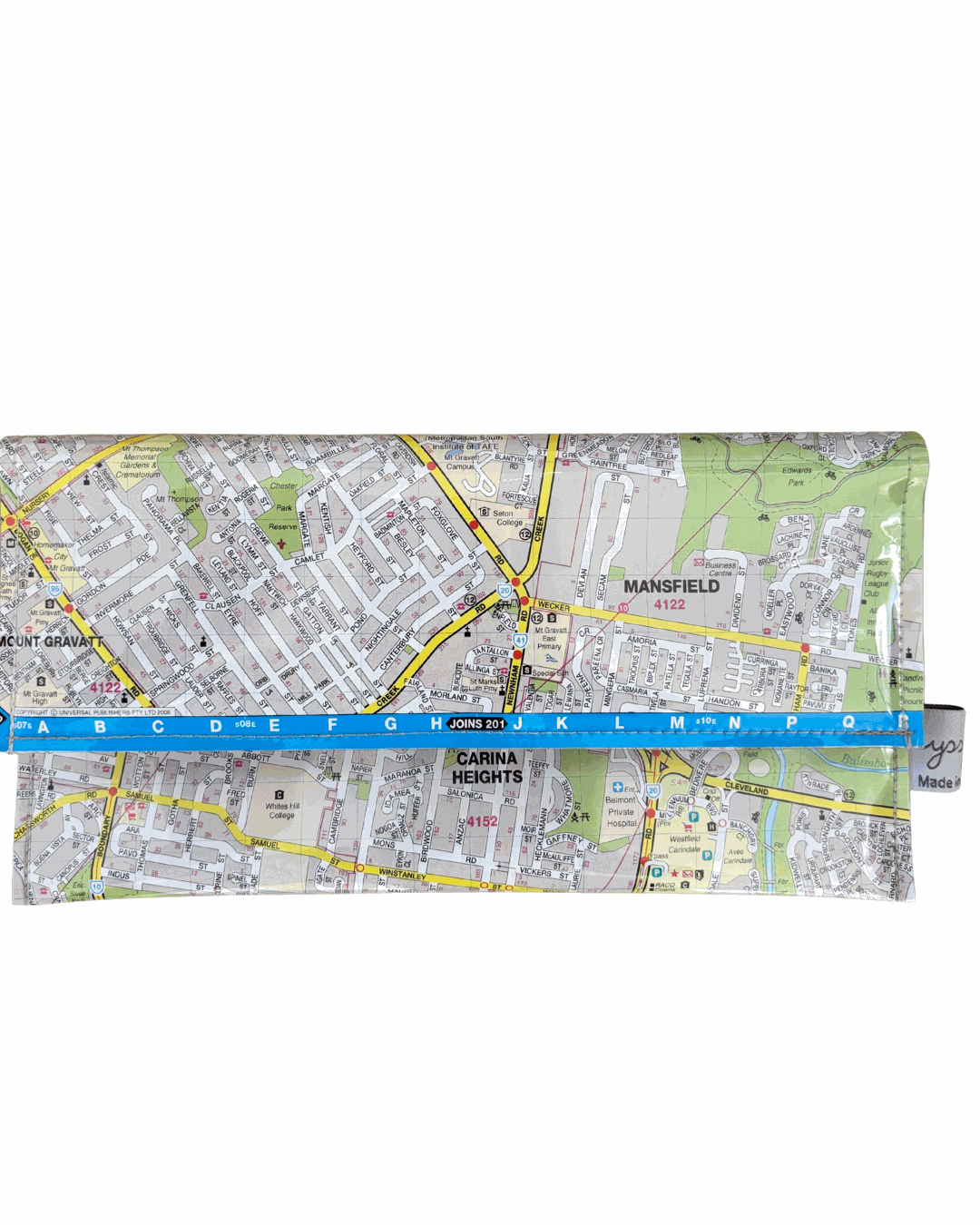 Recycled street map wallet featuring Brisbane suburbs Carina Heights, Camp Hill, Holland Park, Mount Gravatt East, Mansfield, made from 2009 UBD map pages.