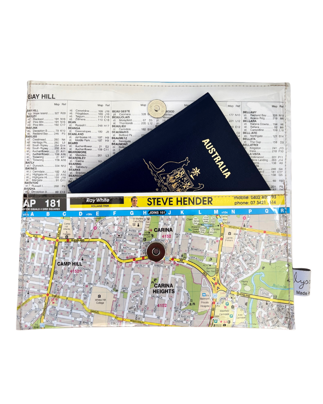 Recycled Street Map Wallet - Carina Heights, Camp Hill, Holland Park, Mount Gravatt East, Mansfield,