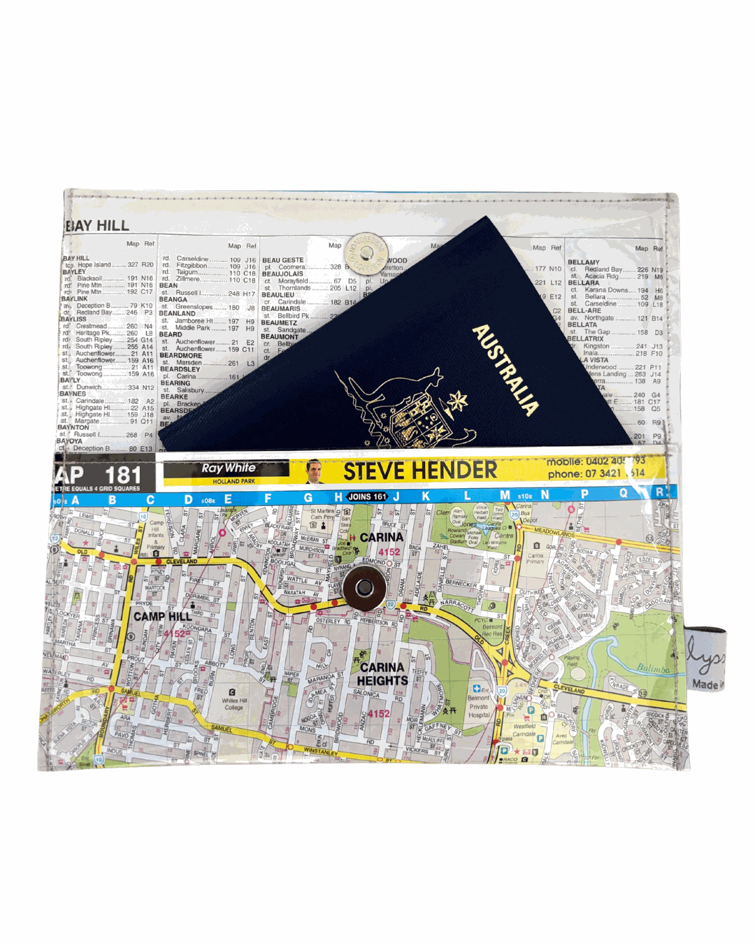 Recycled Street Map Wallet - Carina Heights, Camp Hill, Holland Park, Mount Gravatt East, Mansfield,
