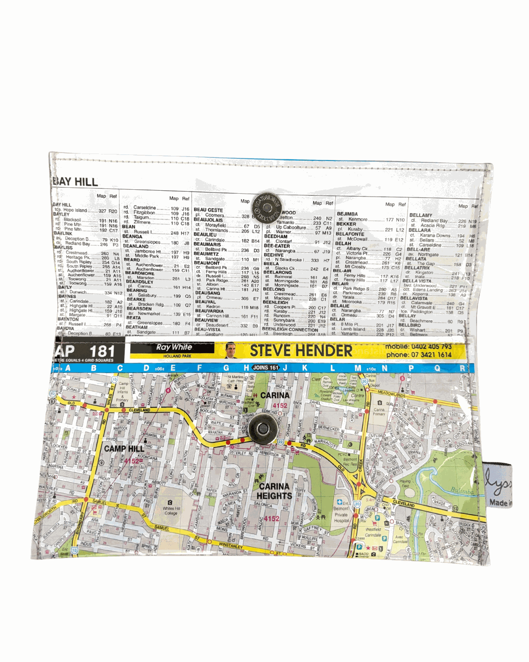 Recycled Street Map Wallet - Carina Heights, Camp Hill, Holland Park, Mount Gravatt East, Mansfield,
