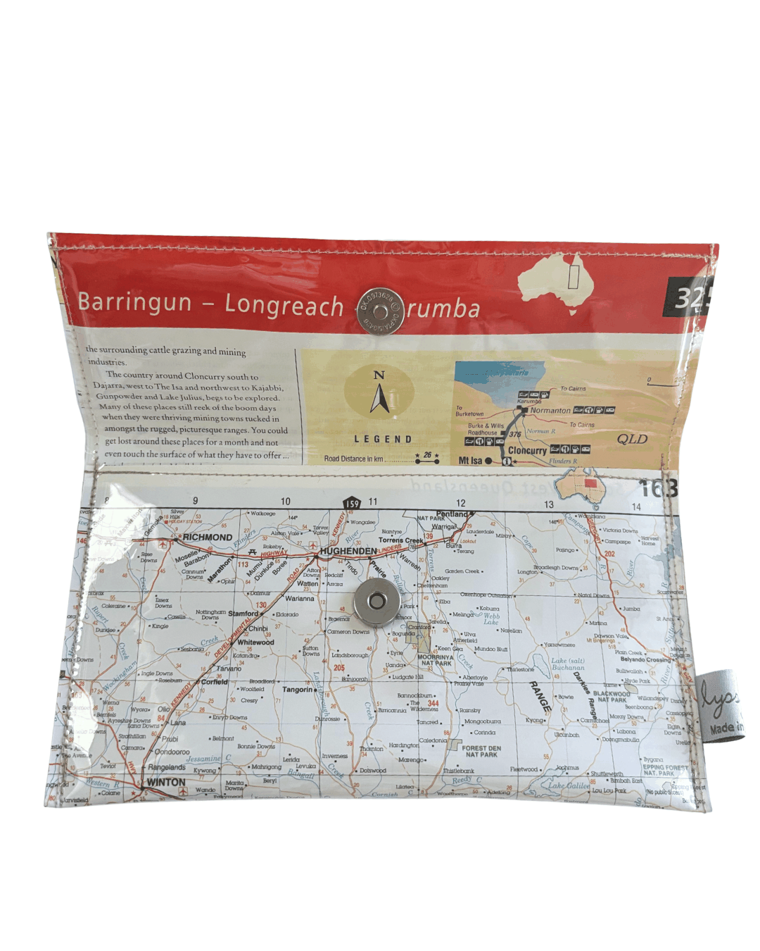 Recycled Map Wallet featuring Central Western Queensland road map with magnetic clip, handmade from 2008 Gregory 4WD Touring Australia Directory pages