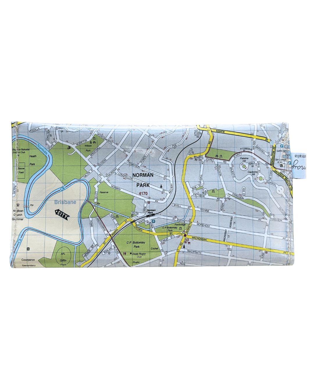 LyssyMay handmade wallet from map of Coorparoo and surrounding Brisbane area. Back view of wallet.