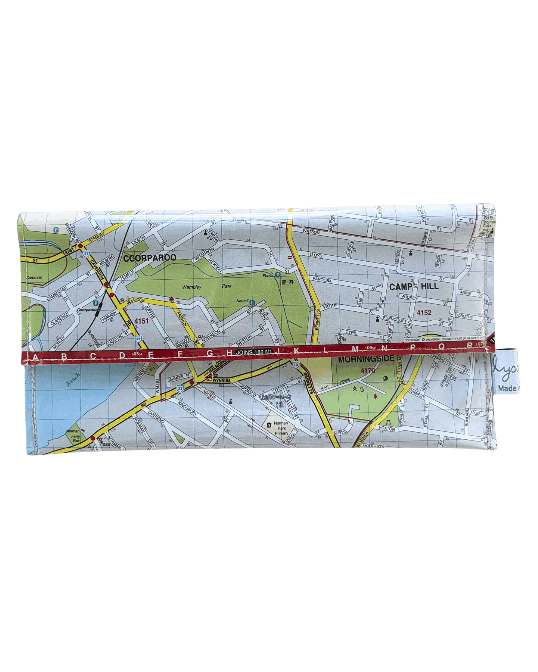 LyssyMay handmade wallet from map of Coorparoo and surrounding Brisbane area. Front view of wallet.