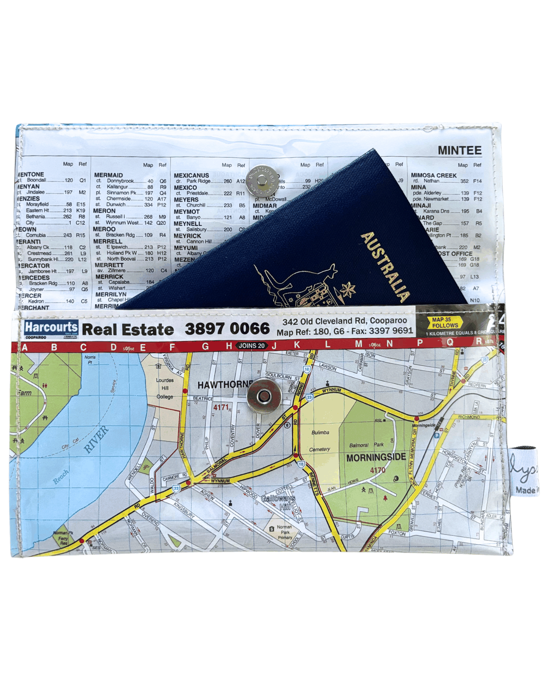 LyssyMay handmade wallet from map of Coorparoo and surrounding Brisbane area. Inside view of wallet showing how passport fits inside.