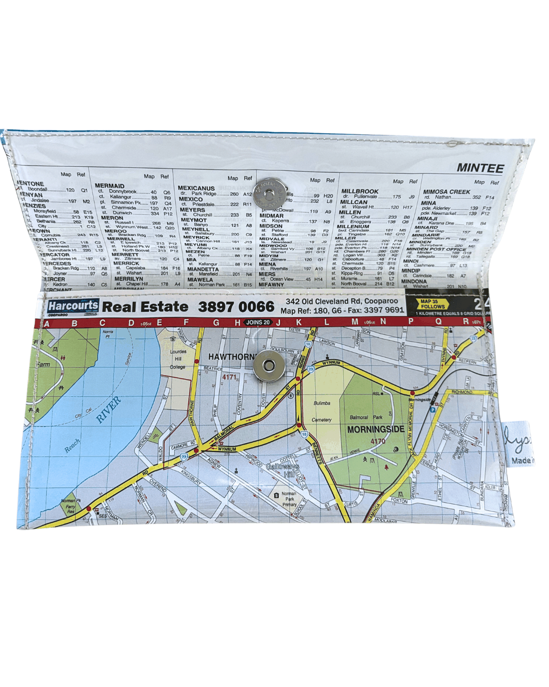 LyssyMay handmade wallet from map of Coorparoo and surrounding Brisbane area. Inside view of wallet showing index page lining and magnetic clip closure.