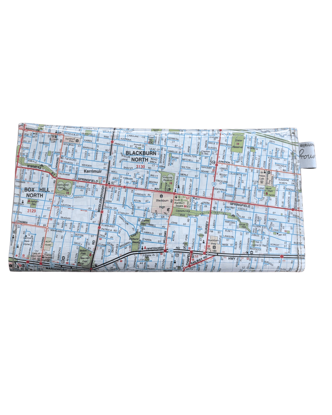 Recycled Map Wallet by LyssyMay Melbourne suburbs including Box Hill. Back view of wallet.