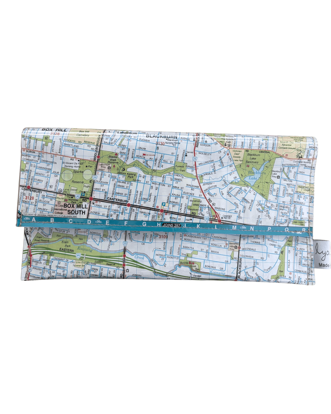 Recycled Map Wallet by LyssyMay Melbourne suburbs including Box Hill. Front view showing how wallet folds.