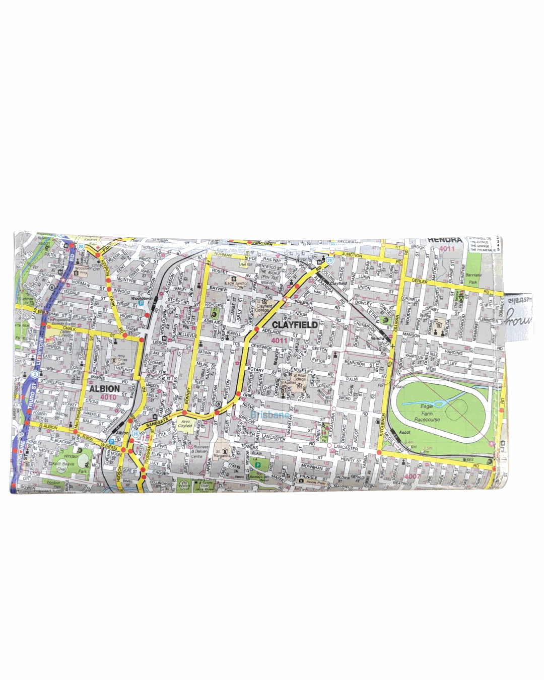 Lyssy May handmade map wallet featuring Hamilton, Clayfield, Albion, Ascot, Bowen Hills, Wooloowin, Kedron, Nundah and Bulimba. Back view of wallet