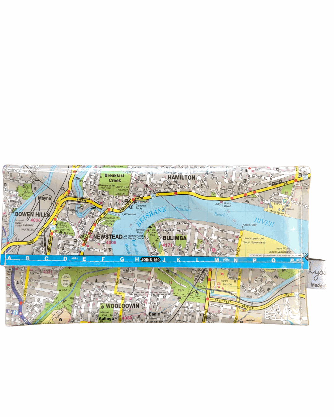 Lyssy May handmade map wallet featuring Hamilton, Clayfield, Albion, Ascot, Bowen Hills, Wooloowin, Kedron, Nundah and Bulimba. front view of wallet.