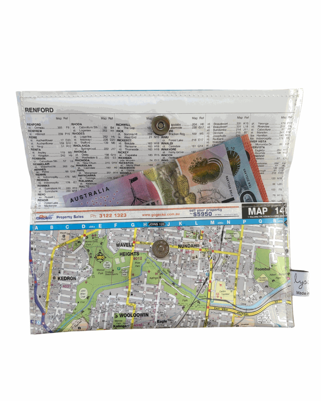 Recycled street map wallet featuring Hamilton, Albion, Clayfield and Brisbane suburbs made from 2009 UBD directory pages