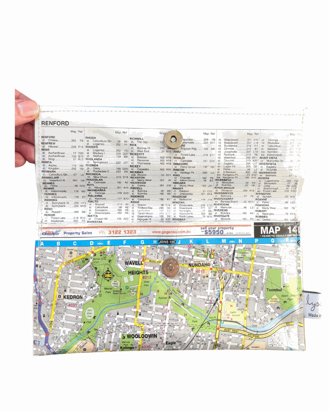 Lyssy May handmade map wallet featuring Hamilton, Clayfield, Albion, Ascot, Bowen Hills, Wooloowin, Kedron, Nundah and Bulimba. Inside view showing index page lining. magnetic clip closure.