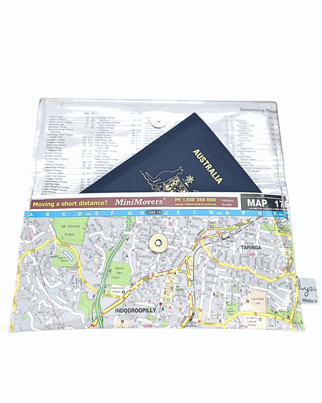 Recycled Street Map Wallet made from Brisbane UBD directory featuring Indooroopilly and surrounding suburbs