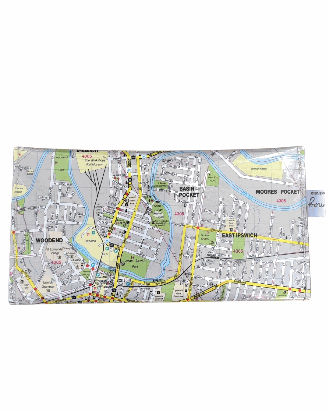 Lyssy May recycled map wallet of Ipswich Queensland suburbs. back view of wallet.
