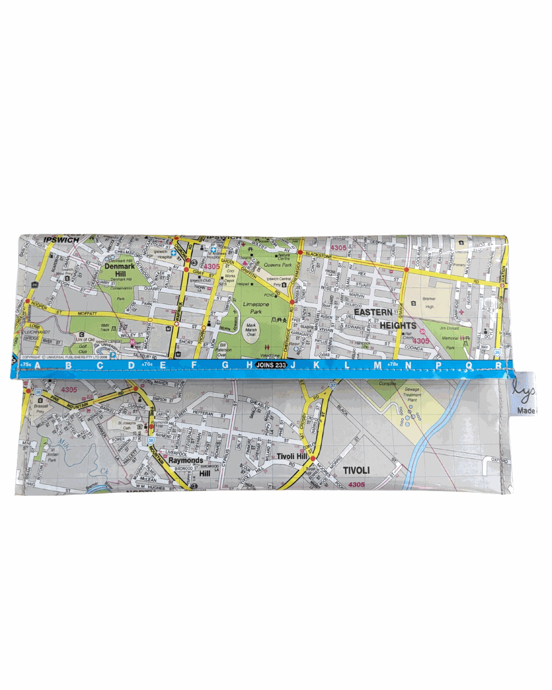 Recycled street map wallet featuring Ipswich and suburbs, made from 2009 Brisbane region map pages.