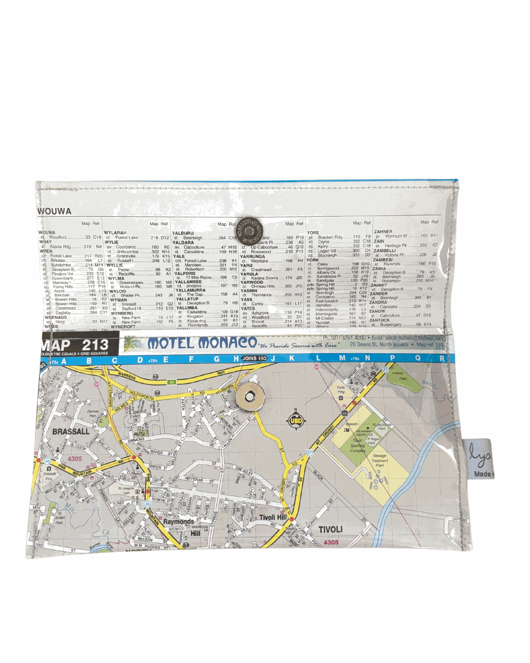 Lyssy May recycled map wallet of Ipswich Queensland suburbs. Inside view of wallet with index page lining and magnetic clip closure.