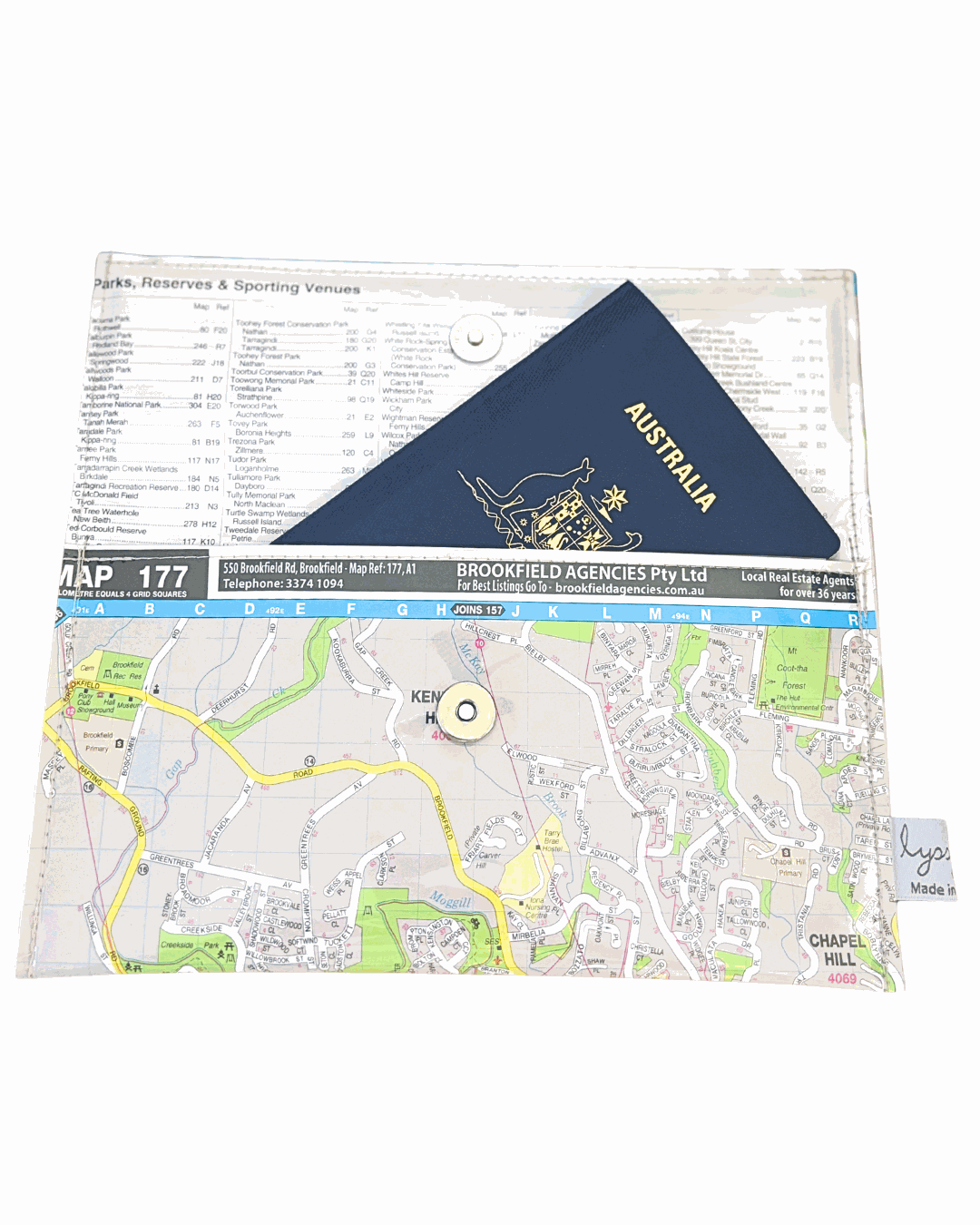 Map of Brisbane suburbs made into a wallet