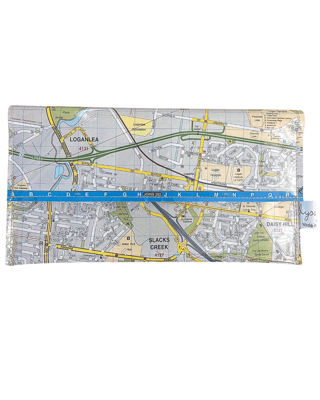 Recycled street map wallet made from Brisbane region map featuring Loganlea, Meadowbrook, Slacks Creek, and Springwood streets