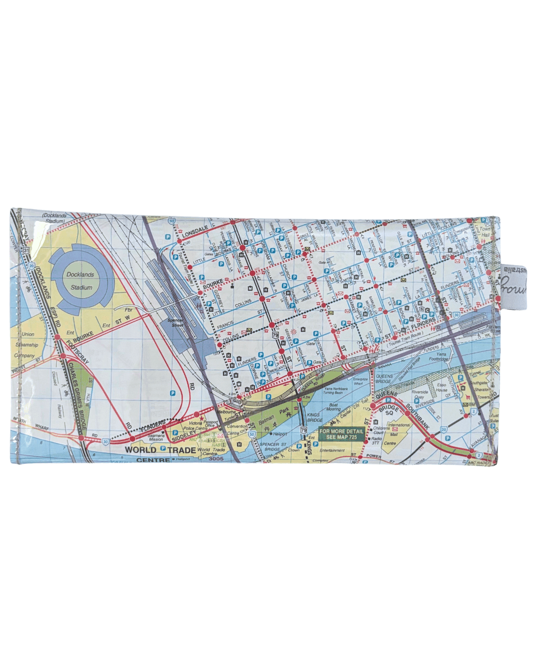 Recycled Street Map Wallet featuring Melbourne city map with Yarra River, Spencer Street Station, and Southbank details. back view of wallet.