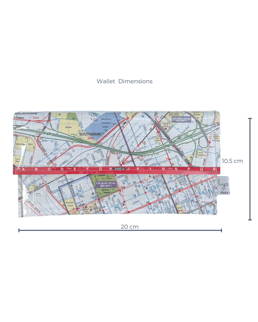 Recycled Street Map Wallet featuring Melbourne city map with Yarra River, Spencer Street Station, and Southbank details. Dimensions 20 cm by 10.5 cm
