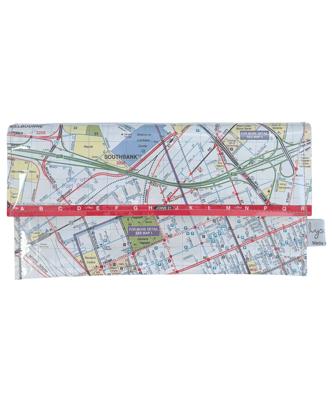 Recycled Street Map Wallet featuring Melbourne city map with Yarra River, Spencer Street Station, and Southbank details