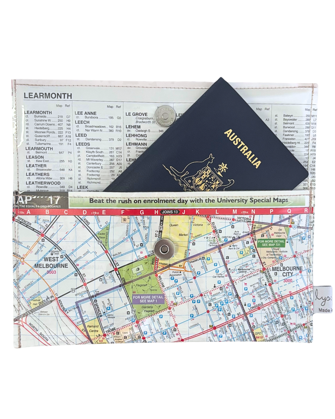 Recycled Street Map Wallet - Melb City, Spencer St Station, Docklands, Southbank, Yarra River