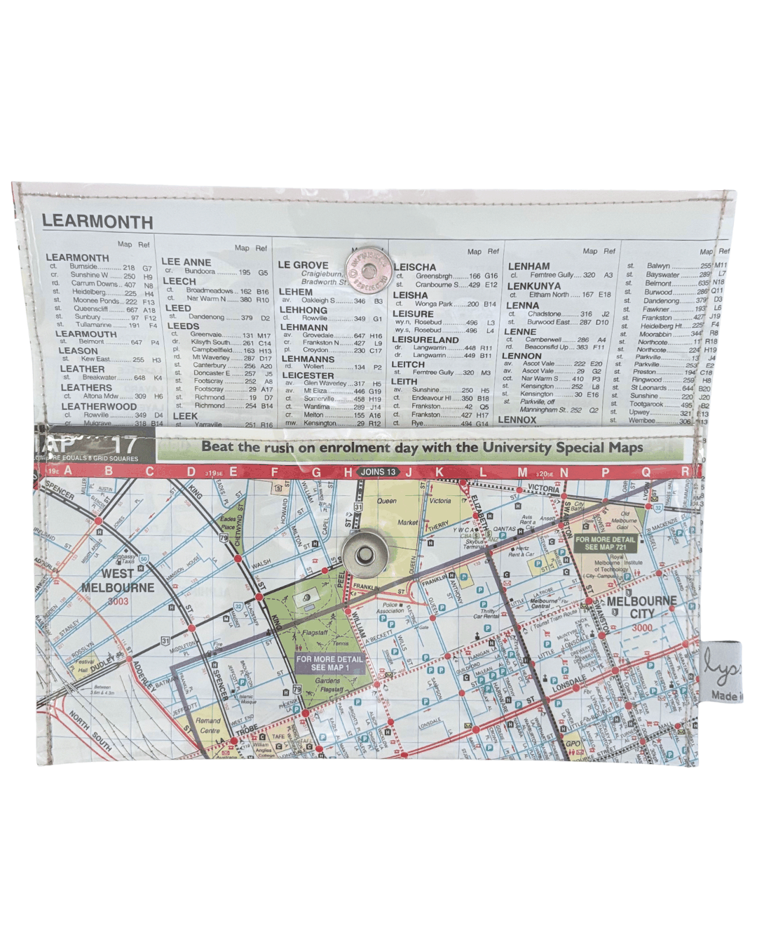Recycled Street Map Wallet featuring Melbourne city map with Yarra River, Spencer Street Station, and Southbank details. Inside view with index page lining and magnetic clip closure.