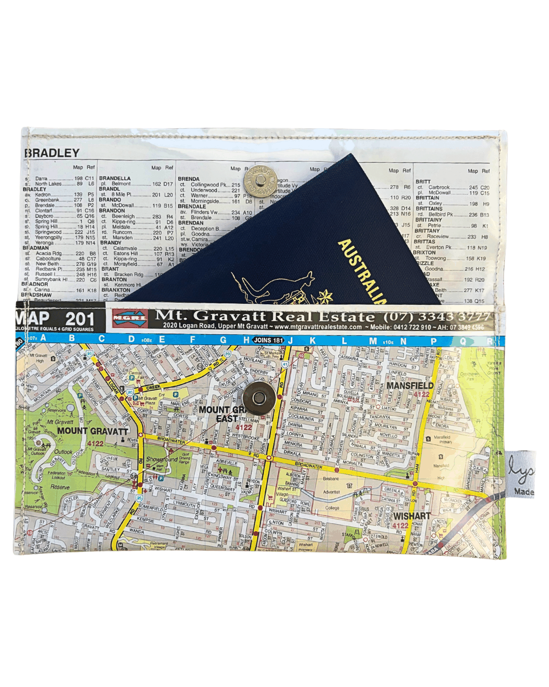 Recycled street map wallet featuring Brisbane suburbs Mount Gravatt, Mansfield, Eight Mile Plains, and Wishart, made from vintage UBD street directory pages.