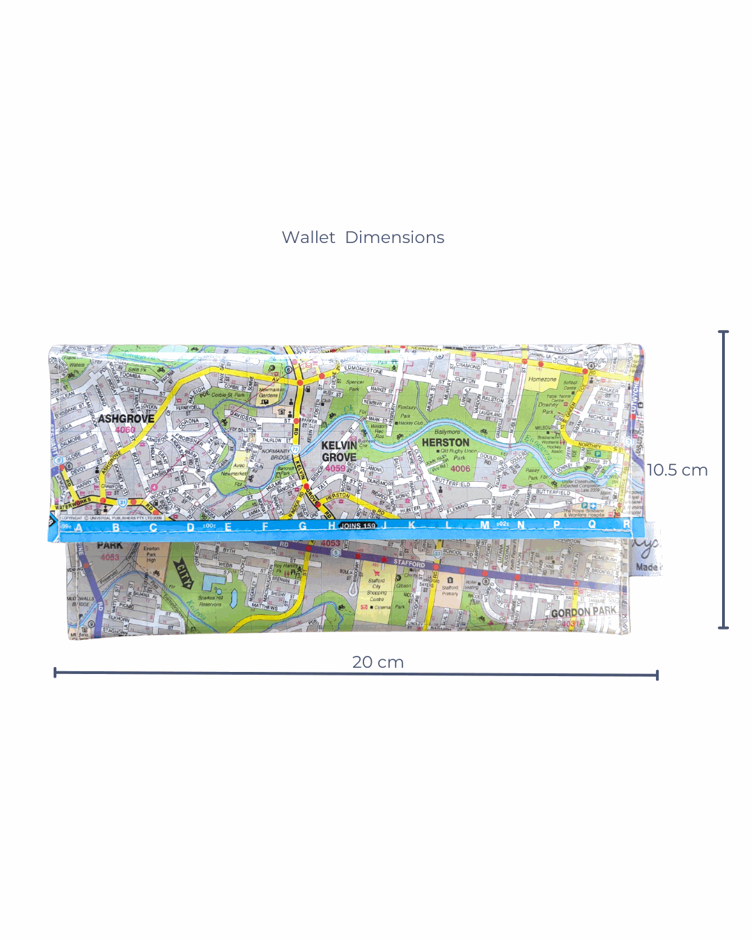 Map wallet with dimensions on a white background
