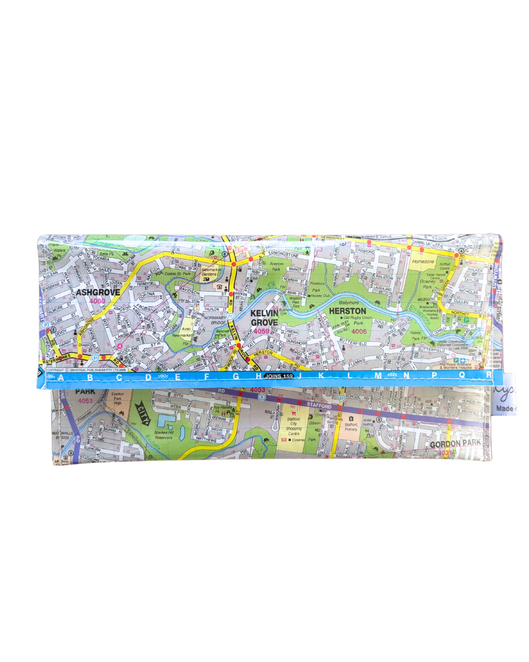 Map-patterned wallet with visible text and colors on a white background