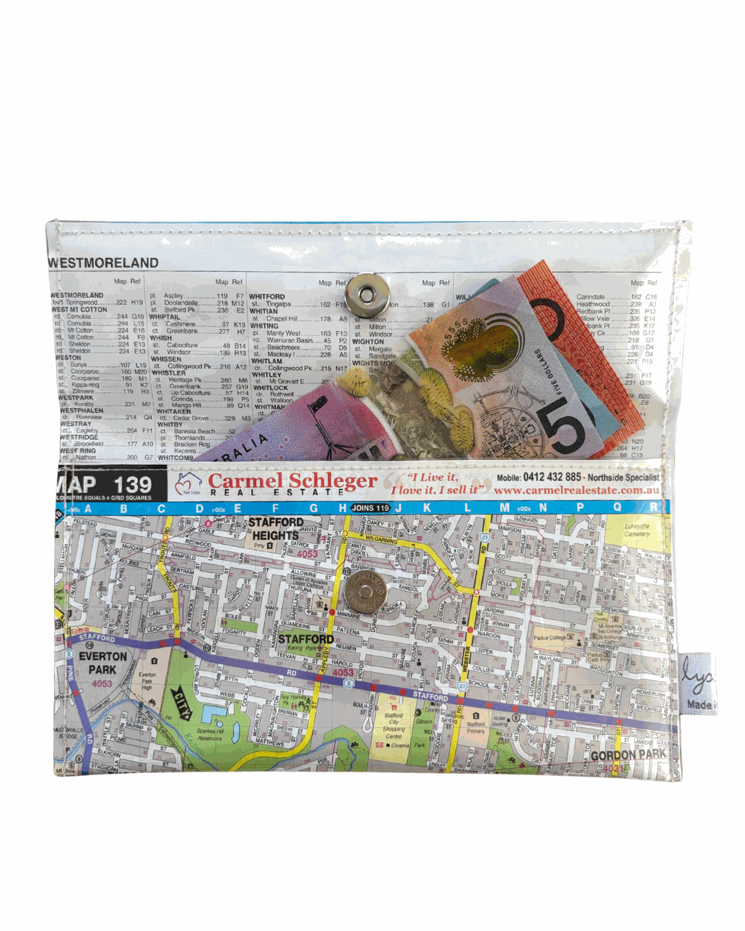 Clear pouch with map design and Australian currency, on a white background