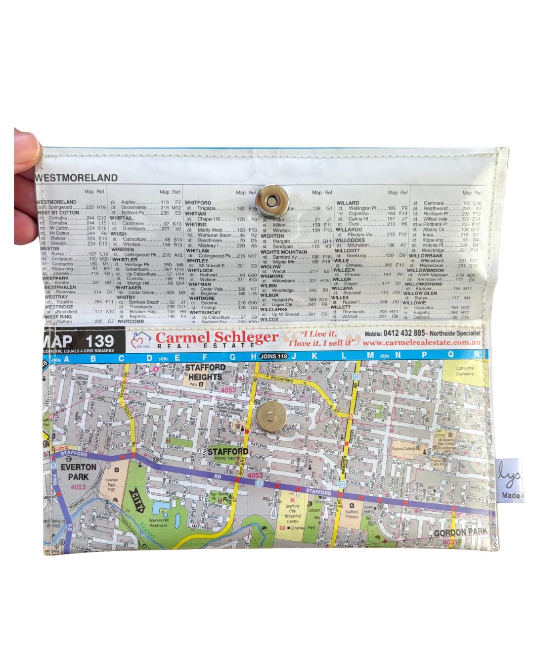 Map pouch with visible branding on a white background