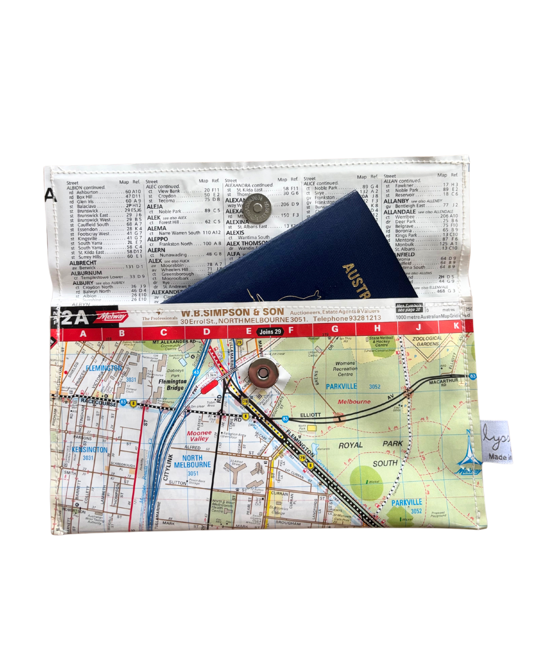 Recycled Street Map Wallet - Lyssy May Handmade Wallet recycled map of Parkville, North Melbourne and West Melbourne