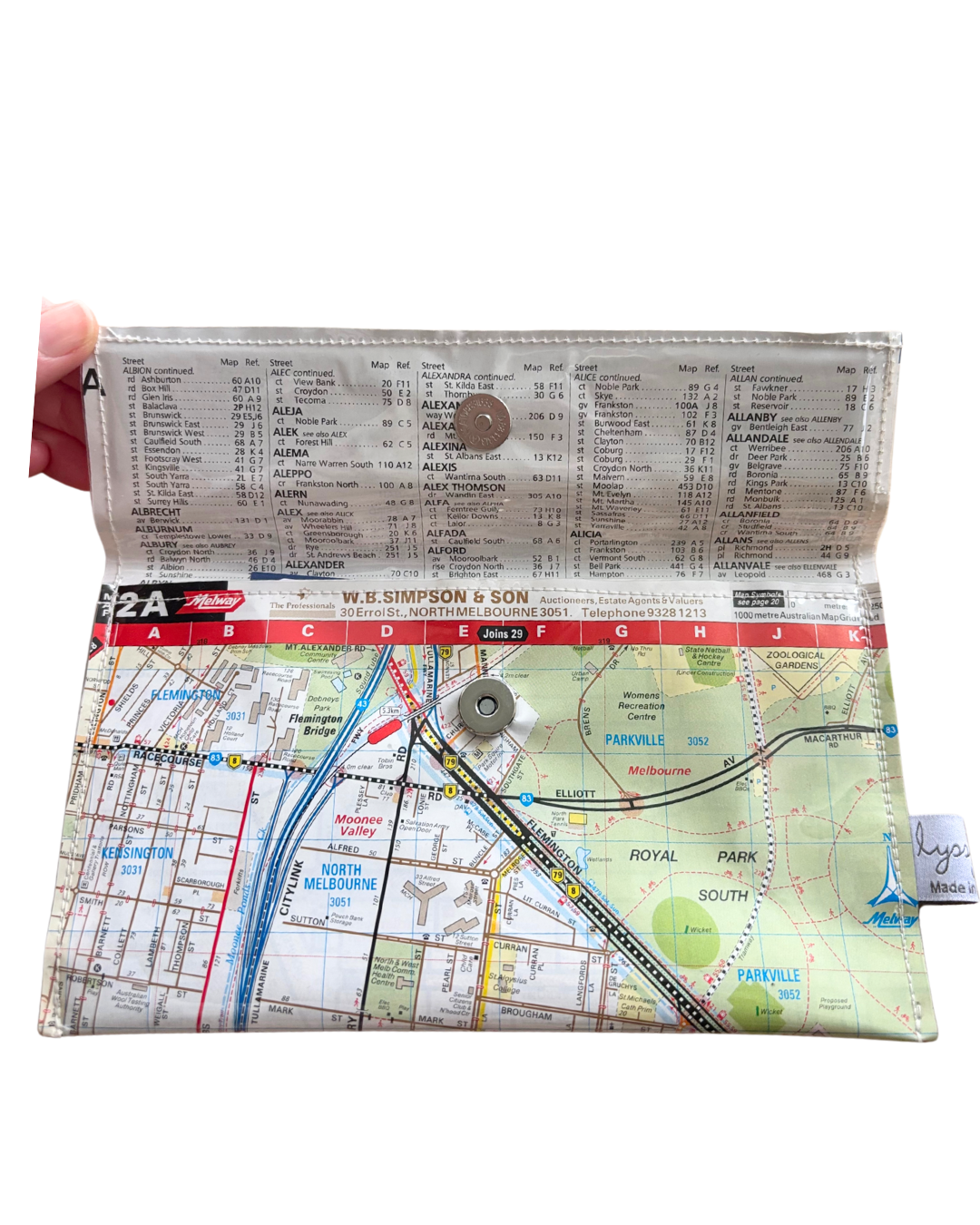 Recycled Street Map Wallet - Lyssy May Handmade Wallet recycled map of Parkville, North Melbourne and West Melbourne