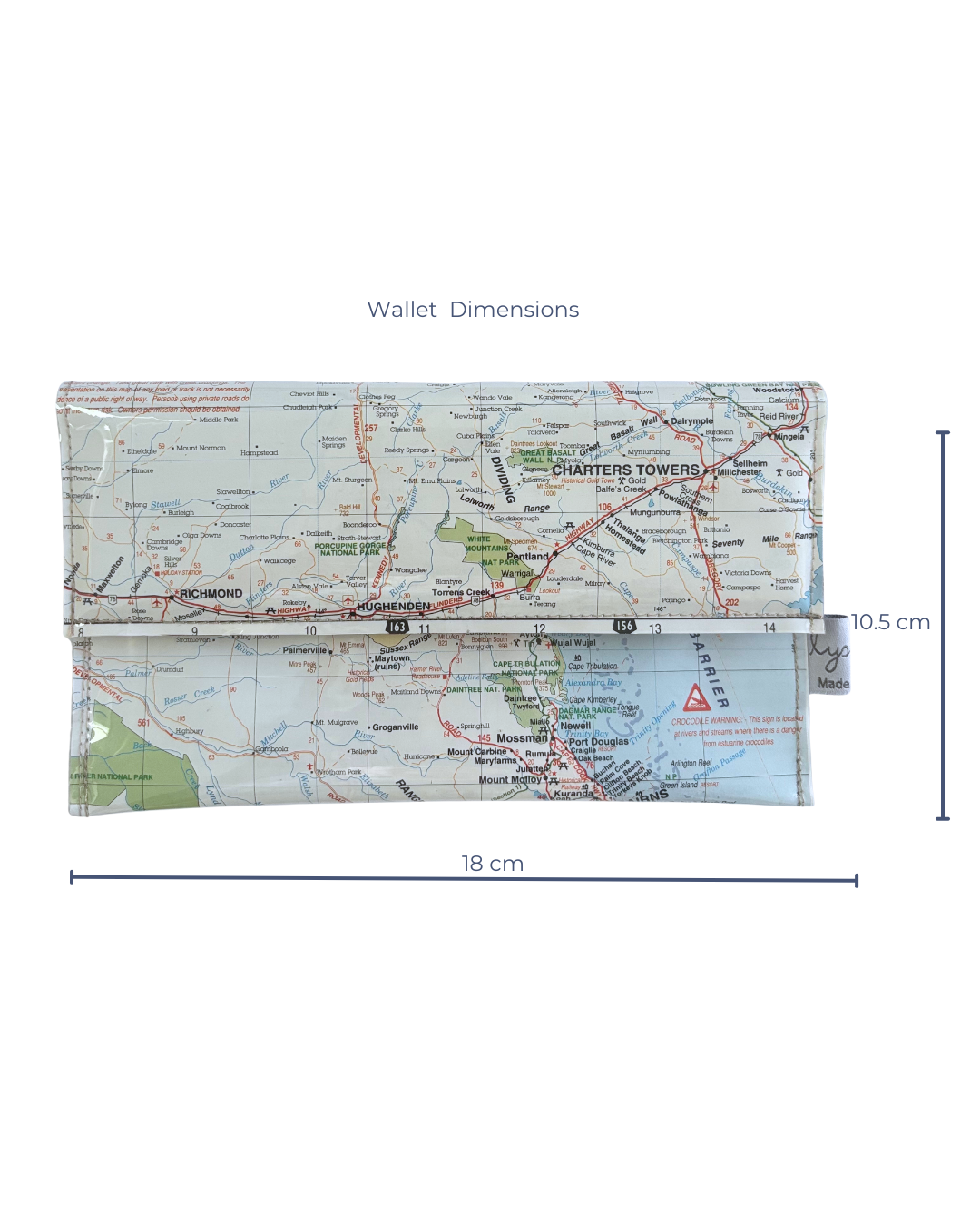 Map-patterned wallet with dimensions on a white background