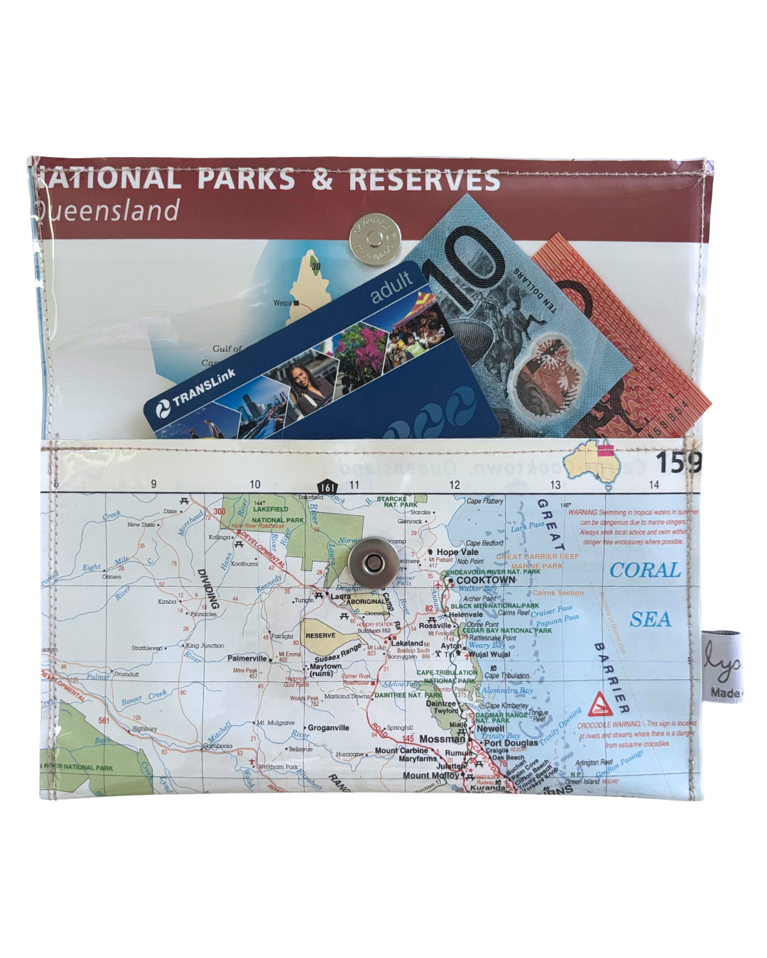 Pouch with a map design featuring Queensland national parks and reserves, with money and travel cards inside.