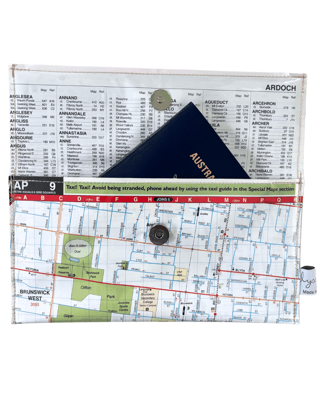Recycled Street Map Wallet made from vintage Melbourne street map featuring Parkville, Brunswick, and Carlton North.