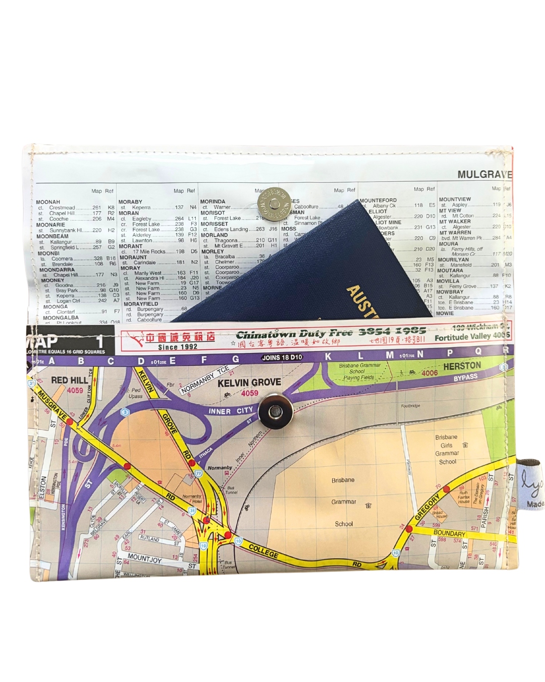 Map wallet of Brisbane with a map design on a white background